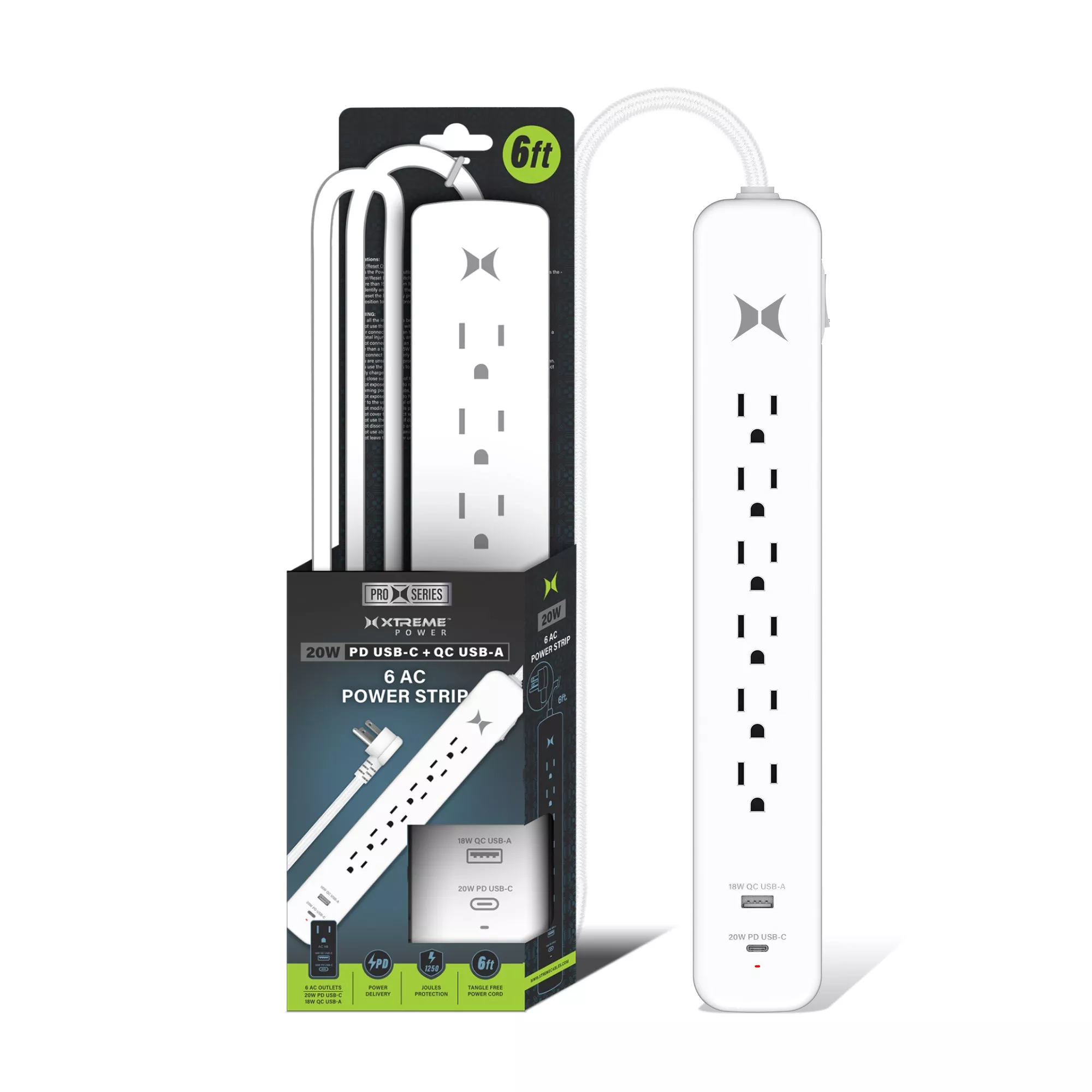 Xtreme Power Strip with 6 Outlets 20W USB-C & 18W USB-A Charging Black